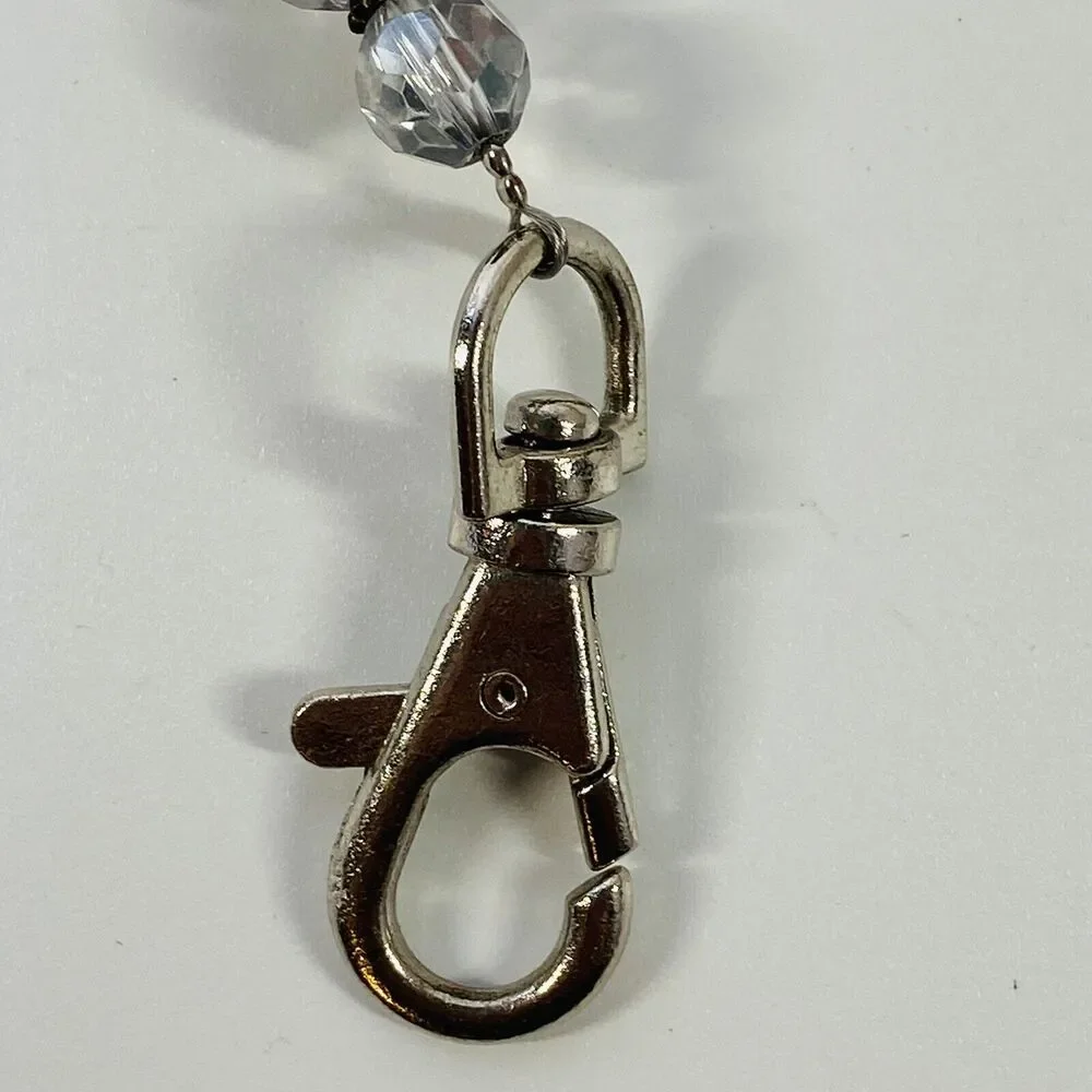 Mixed Beads Badge Name Tag Holder‎ Necklace Clear Sparkle Bling Silver Tone